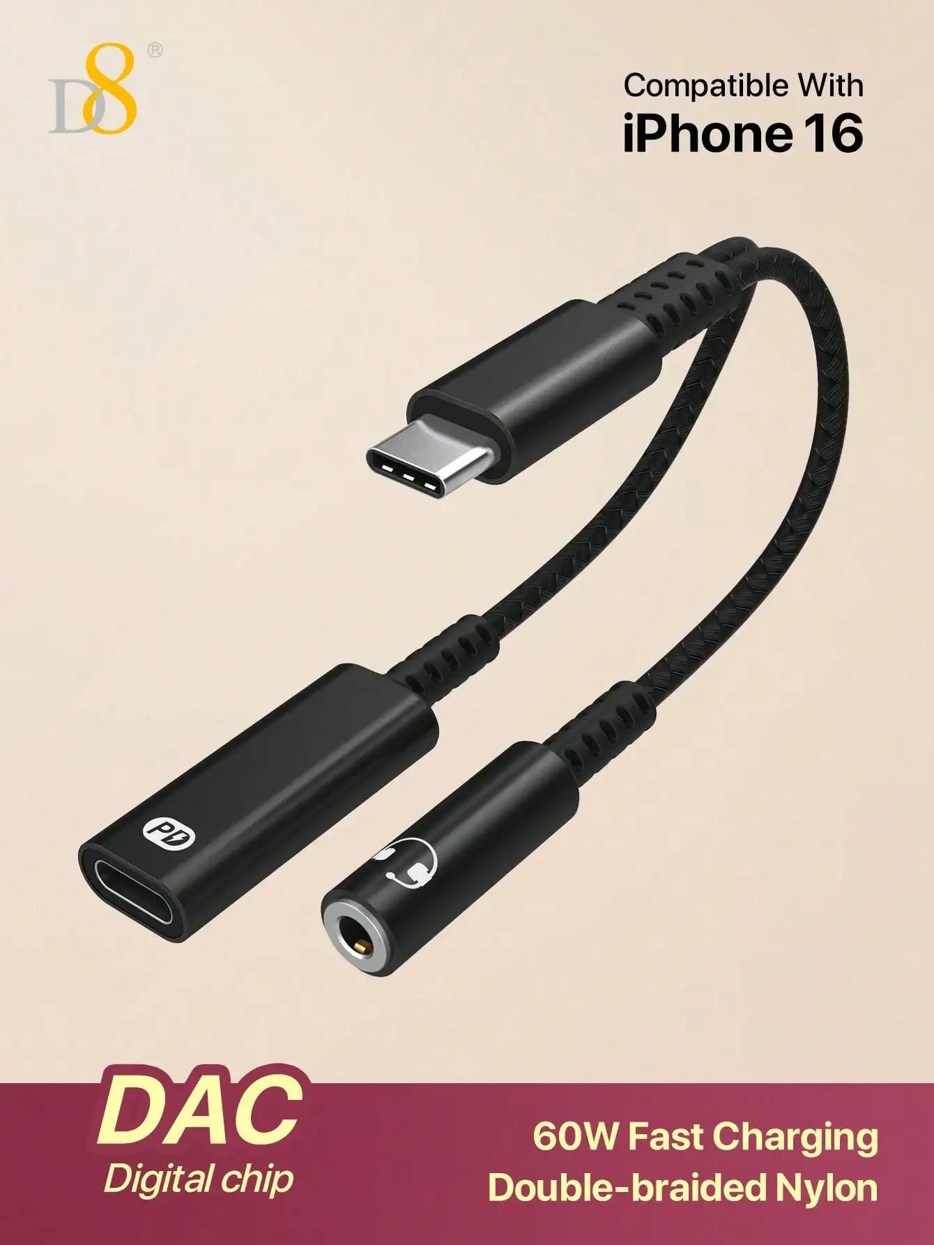 2-In-1 USB-C To AUX Audio Interface With PD 60W Fast Charging Adapter Cable,